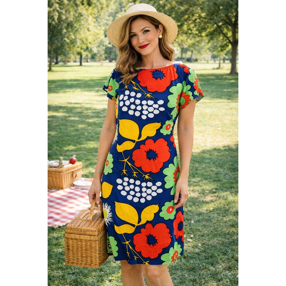 Marimekko for Target Blue Floral  Shift Dress Women Medium Mid-Century Style J2
